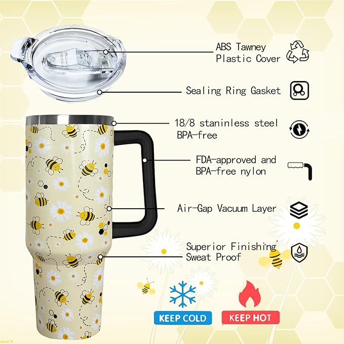 Ceovfoi Bee Gifts, 40oz Tumbler With Handle, Lid and Straw - Queen Coffee Mug, Skinny Water Bottle - Honey Themed Gifts for Women, Daisy Flowers Decor - Bloomnest