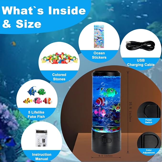 Toycol Bubble Fake Fish Lamp, Sensory Aquarium Lamp with 5 Floating Fake Fish & 7 Colors Light, Night Light for Relax and Decoration, Ideal Gift for Kids and Adults - Bloomnest