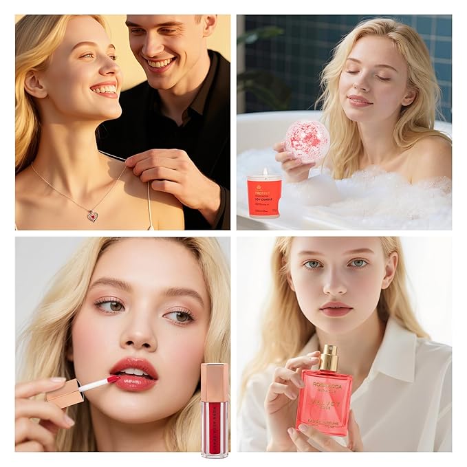 33 pcs Valentines Day Gifts for Women, Red Rose Spa Bath & Body Gift Set, Face Sheet Mask Skin Care, Hydrogel Mask, Lip Gloss, Cosmetic Bag, Serum, Necklace, Cleanser, Gua Sha, Mother Day, Birthday - Bloomnest