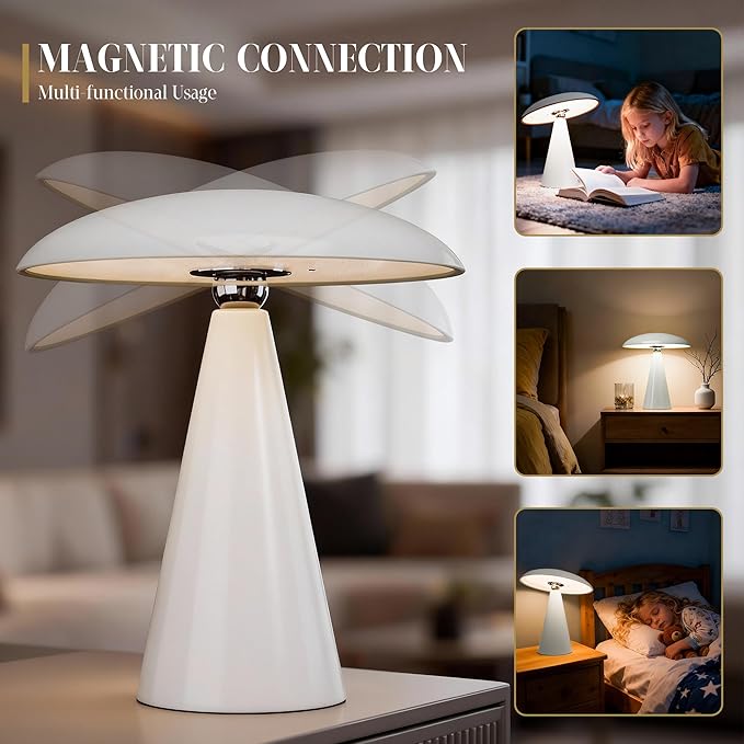 Mushroom Aesthetic Cute Lamp,Magnetic Mid Century Modern Lamp with 3-Mode Lighting for Unique Home Mushroom Decor,Cordless USB Rechargeable Lamps for Bedside/Dorm/Office/Entryway Decor(White) - Bloomnest