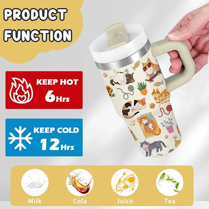 Cat Gifts for Girls - 14oz Cute Cats Kids Tumbler with Handle and Straw, Stainless Steel Insulated Water Cup, Leak Proof, for Sport, School, Travel - Funny Cat Lovers Children Birthday Gifts Cups(1pc) - Bloomnest
