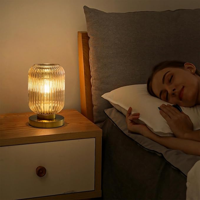 Glass Table Lamps Mid Century Modern Globe, Dimmable Amber Glass Table Lamp for Nightstand, Small Gold Table Lamp, Amber Pumpkin Design Ribbed Vintage Bedside Lamp for Bedroom Living Room Office - Bloomnest