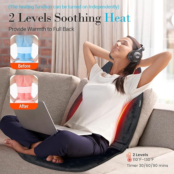 Chair Massager Cushion, Back Massager with Heat, Electric Seat Massage Pad, Back Massage Chair Pad for Back Pain Relief, 2 Heat Levels & 5 Vibrating Modes, Christmas Gifts for Men Dad Mom Him Her - Bloomnest