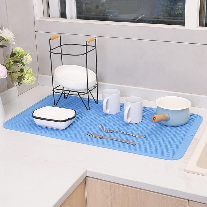 Silicone Dish Drying Mat for Multiple Usage,Easy clean,Eco-friendly,Heat-resistant Silicone Mat for Kitchen Counter or Sink,Refrigerator or Drawer Liner Lichen BlueL 4XL 32 inches x 18 inches - Bloomnest