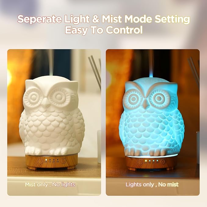 Owl Ceramic Aromatherapy Diffuser INRORANS 160ml Stone ultrasonic Cool Mist Scent Essential Oil Diffuser Humidifier with Intermittent Mist & LED 7 Colors Changing Night Light for Bedroom Office Home - Bloomnest