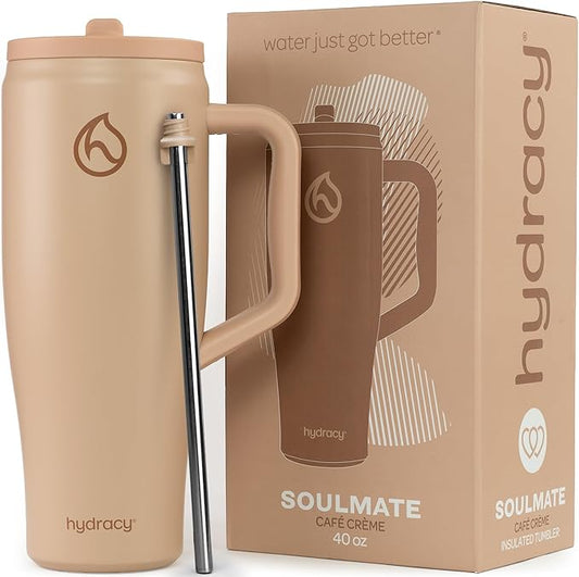 Hydracy Soulmate 40 oz Tumbler with Handle and Flip Straw - 100% Leakproof Reusable Insulated Cup with Stainless Steel Straw - Cupholder Friendly Rubber Base Travel Mug - Cafe Creme - Bloomnest