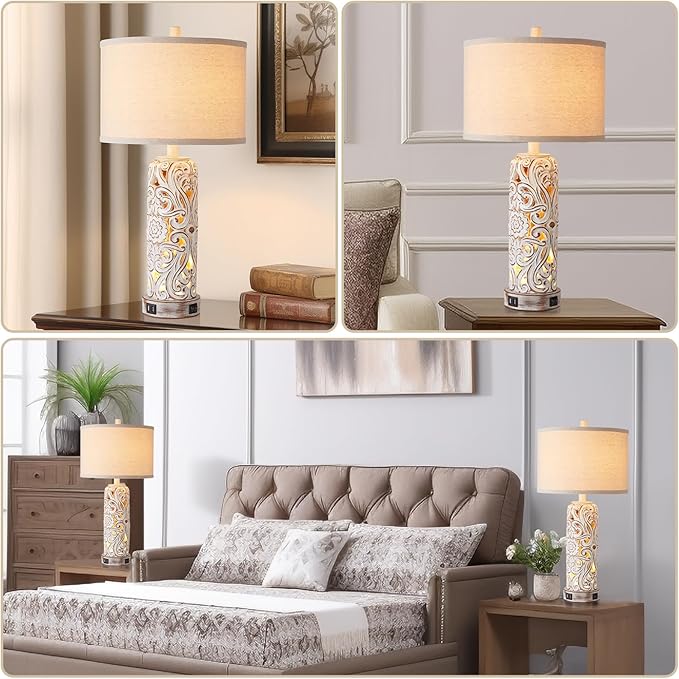 Set of 2 Rustic Farmhouse Table Lamps for Living Room Bedroom, Vintage Bedside Lamp with Dual USB Port, Antique White Resin Retro Nightstand Lamps with Night Light - Bloomnest