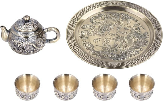 Moroccan Tea Set,Tea Pot Vintage Exquisite Metal Luxurious Relief Pattern with Cups Plate for Table Decoration Gift