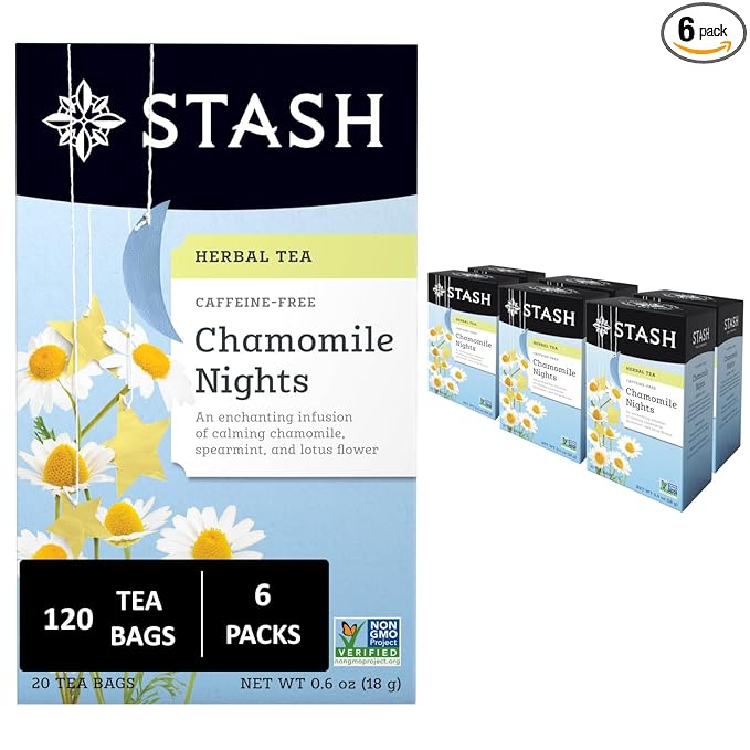 Stash Tea Chamomile Nights Herbal Tea - Naturally Caffeine Free, Non-GMO Project Verified Premium Tea with No Artificial Ingredients, 20 Count (Pack of 6) - 120 Bags Total - Bloomnest