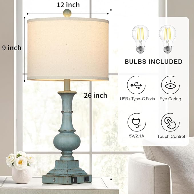 Farmhouse Table Lamps Set of 2, 26" Vintage Rustic Touch Control 3-Way Dimmable Bedside Lamp with USB A+C Ports & AC Outlet, Blue Nightstand Lamp for Living Room Bedroom End Table(LED Bulbs Included) - Bloomnest