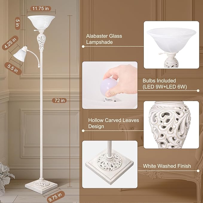 Torchiere Floor Lamp with Adjustable Reading Light, 72" Tall Vintage Lamp with White Glass Shade, Farmhouse Standing Lamp, Rustic LED Floor Lamp for Living Room Bedroom Office Corner, Bulbs Included - Bloomnest