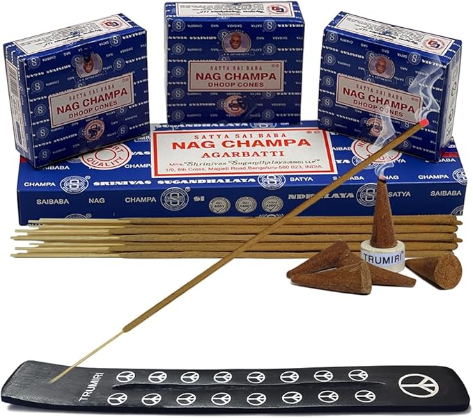 Nag Champa Incense Sticks 100g and Cones Variety Pack with Burner Holder Bundle from Satya Incense 100g Trumiri for Smudging and Aroma