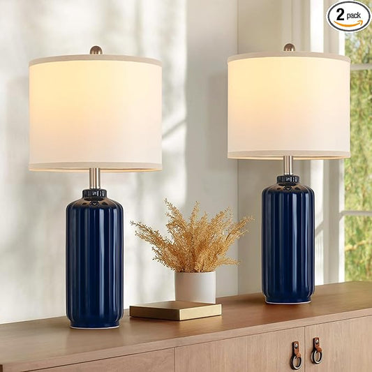 Lamp for Living Room Bedroom Lamps Farmhouse Table Lamps Set of 2 Vertical Stripe Ceramic Table Lamp,Linen Shade with Bulb, 25 in High,Navy Blue - Bloomnest