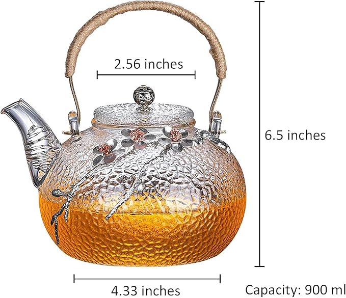 ZENATION Japanese Style hammered glass exquisite 900ml tea pot, with tin and copper plum blossom decoration