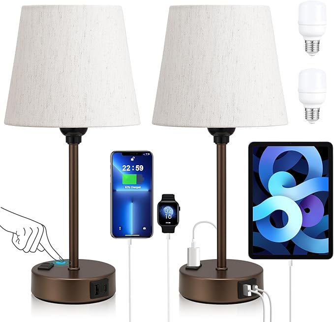 Acaxin Brown Bedside Lamps for bedrooms Set of 2 - Nightstand Bedroom Lamp with USB C Port and AC Outlet Charging, 3 Way Dimmable Touch Control Small Bed Side Table Lamp, Nightstand Light for Kids - Bloomnest