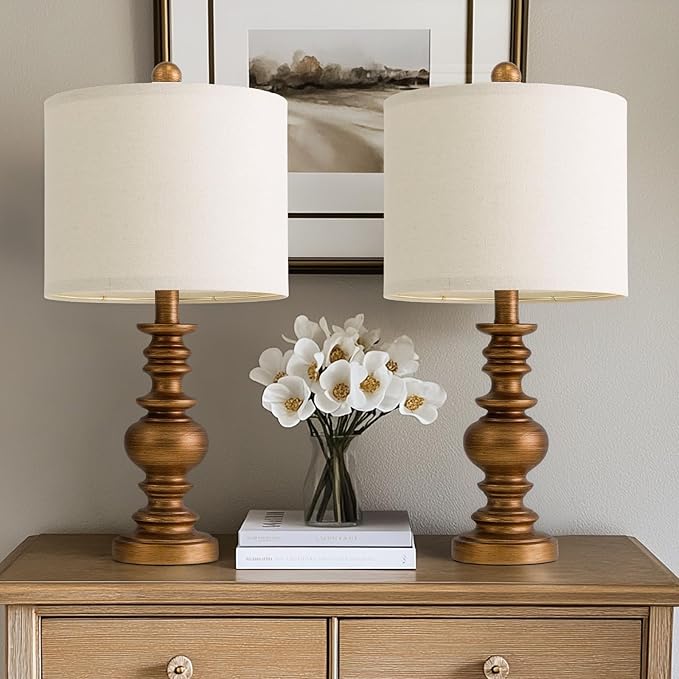 BOBOMOMO 20" Antique Gold Table Lamps Set of 2 – Handcrafted Vintage Bedside Lamps with Linen Shades, Elegant Farmhouse Lamps for Bedroom, Living Room, or Entryway – Perfect for Compact Spaces - Bloomnest