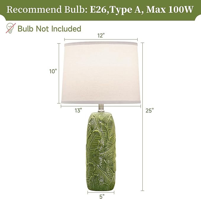 25” Green Lamps Set of 2 with Leaves Design for Living Room, Bedroom, Retro Ceramic Table Lamps for Nightstand Set of 2 - Bloomnest