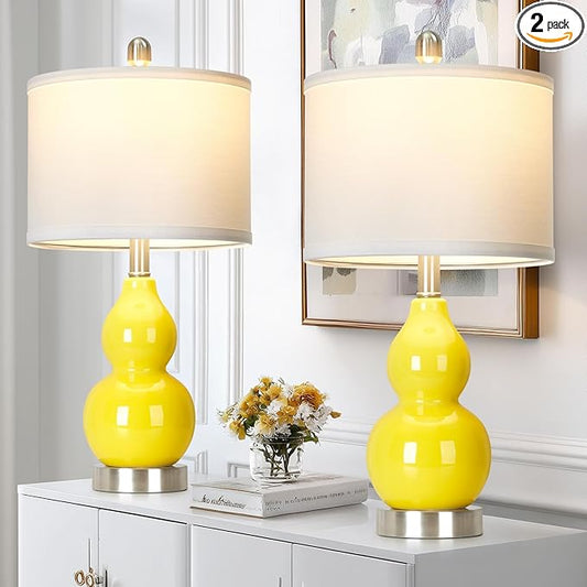 Double Gourd Ceramic Table Lamps Set of 2, Modern Yellow Bedside Lamps for Night Stand, Contemporary Nightstand Lamps for Bedroom Living Room (Bulb Included) - Bloomnest