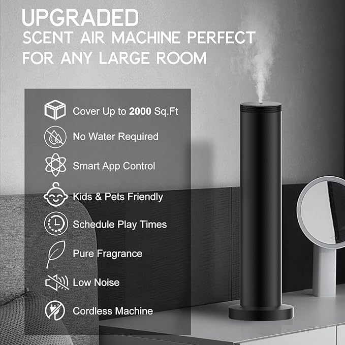 Hotel Scent Diffuser Machine -Cordless Rechargeable Diffuser for Whole House- Scent Air Machine for Home -App Bluetooth Control - Waterless Essential Oil Diffuser for Large Room, Studio Office -Black - Bloomnest