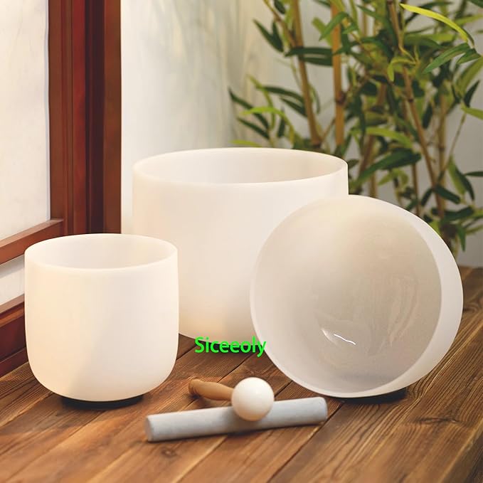 Set of 3 Singing Bowls 432HZ 8-12 inch 8"G 10"E 12"C Frosted Chakra Quartz Crystal Sound Healing Bowls with 1 Travel Carry Case Bag 1 Mallet Suede 1 Striker 3 O-rings - Bloomnest