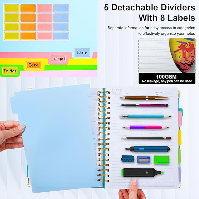 Hardcover Spiral Notebook 8.5"x11" Journal Notebook with Tabs and Removable Dividers 300 Pages 5 Subject Notebook College Ruled, Faux Leather Spiral Bound Notebook for Women School Work(White) - Bloomnest
