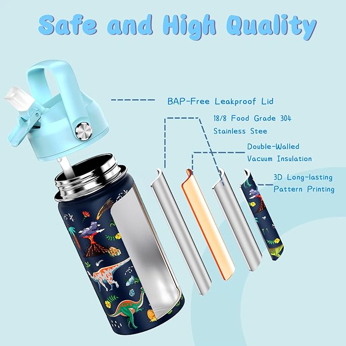 14oz Kids Insulated Water Bottle with Straw Lid - 18/8 Stainless Steel Kid Cup Travel Tumbler Double Wall Vacuum Leak Proof Portable Toddler Water Bottle (Space + Dinosaur) - Bloomnest