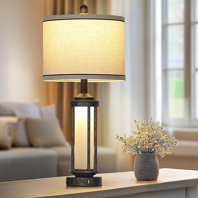 Farmhouse Table Lamp, 27" Vintage Rustic Retro Beside Lamp with USB A+C Charging Ports & AC Outlet, Industrial Modern Lamp with Glass LED Night Light for Living Room Bedrooms Nightstand 1 Pack - Bloomnest