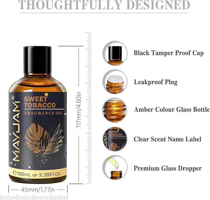 MAYJAM 100ML/3.38FL.OZ Sweet Tobacco Fragrance Oils with Glass Dropper, Essential Oils for Diffusers for Home, Long Lasting Scented Oils for Diffusers Soap Candle Making - Bloomnest