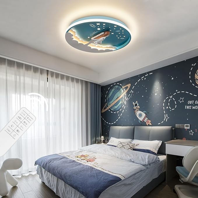 Modern Ceiling Light Fixtures Dimmable LED Kids Room Ceiling Lamp 20" Kitchen Ceiling Light with Remote Control 3000k-6000k Blue Cartoon Rocket Semi Flush Mount Ceiling Lights for Bedroom - Bloomnest