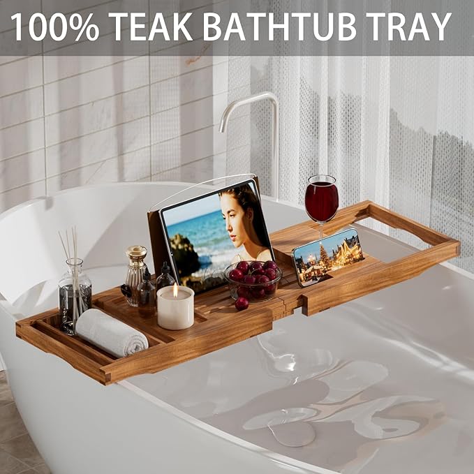 Premium Teak Bathtub Tray Caddy, Expandable Wooden Bath Tray for Tub,Luxury Bathroom Accessories,Great House Warming, Anniversary & Wedding and Birthday Gifts - Bloomnest