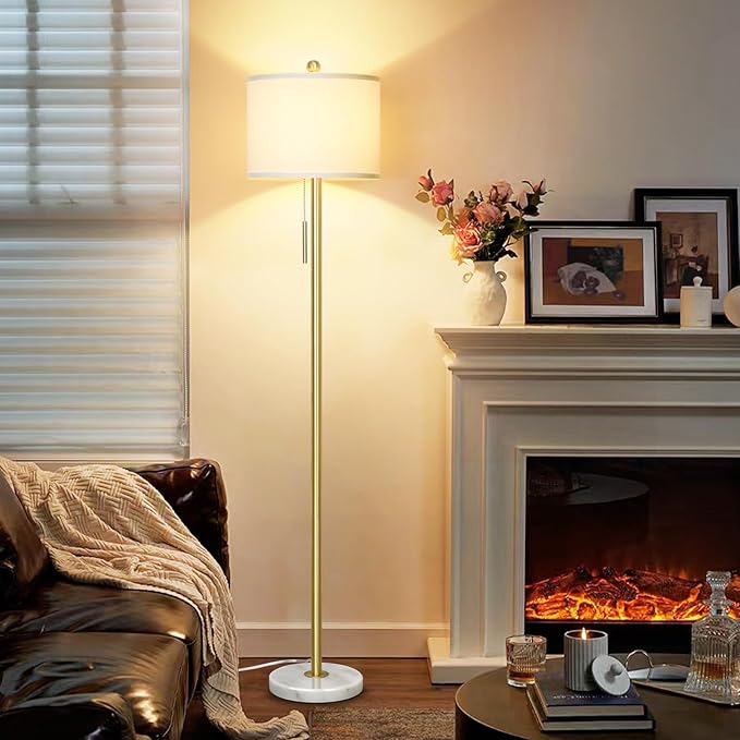 【Upgraded】 Dimmable Gold Floor Lamps for Living Room, 63in Modern Standing Lamp with Marble Base, Tall Pole Light with White Linen Shade for Bedroom Reading Office Corner Nursery - Bloomnest