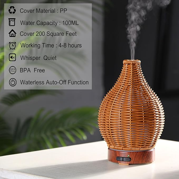 Handwoven Essential Oil Diffuser, Aromatherapy Diffuser for Home Office Decor, Birthday Gifts for Women, Moms and Grandmas Cool Mist Humidifier with 7-Color Lights, Waterless Auto-Off Air Diffusers Kobodon
