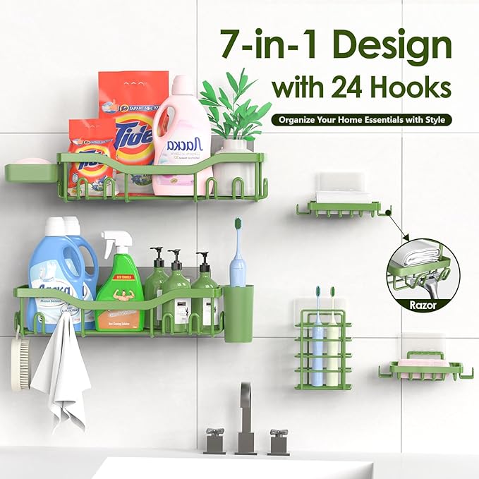 Shower Caddy Adhesive Shower Organizer 7-Pack, Rustproof Stainless Steel Bathroom Shelves, Large Capacity No-Drill Rack Storage Accessories with Soap Dish Toothbrush Holder Hooks - Bloomnest
