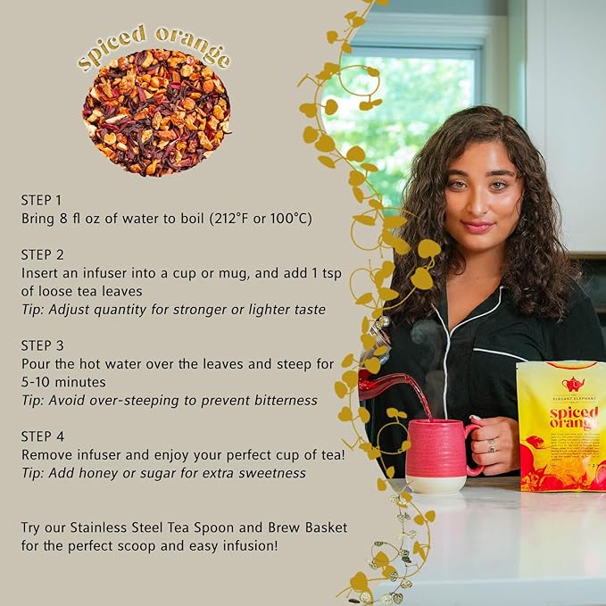 Spiced Orange Tea, Loose Leaf Herbal Tea – Sweet, Spicy, Caffeine-Free – Orange, Apple & Cinnamon Spice – Drink Hot or Iced – 4 oz Resealable Bag (Makes 50 Cups) – The Elegant Elephant - Bloomnest