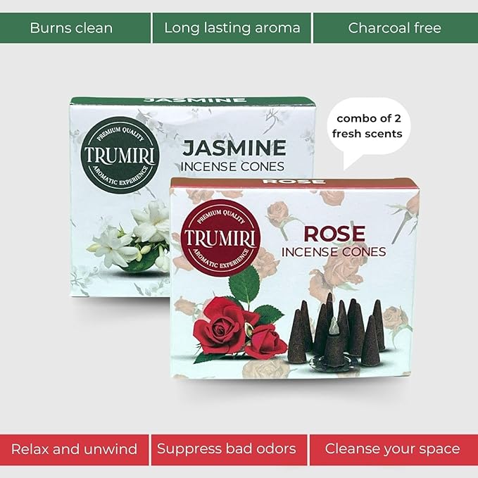 TRUMIRI Incense Cones - Combo Pack of 20 Cone Incense - 10 Rose + 10 Jasmine - Insence Cones - Incense Cones Scented - Cone Incense Scents - Insense Cones - Incent Cone TRUMIRI