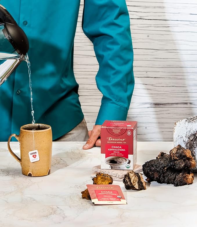 Teeccino Chaga Ashwagandha Tea - Butterscotch Cream - Organic Mushroom Adaptogenic Herbal Tea, 3x More Herbs than Regular Tea Bags, Prebiotic, Caffeine Free, Gluten Free - 25 Tea Bags (Pack of 3) - Bloomnest