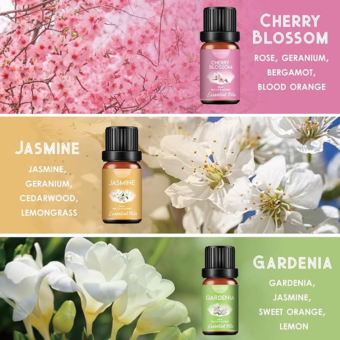 Floral Essential Oils Set for Diffusers & Candle Making - 6x10ml Natural Botanical Blends with Rose, Lavender, Lilac, Jasmine, Gardenia, Cherry Blossom Scents - Bloomnest