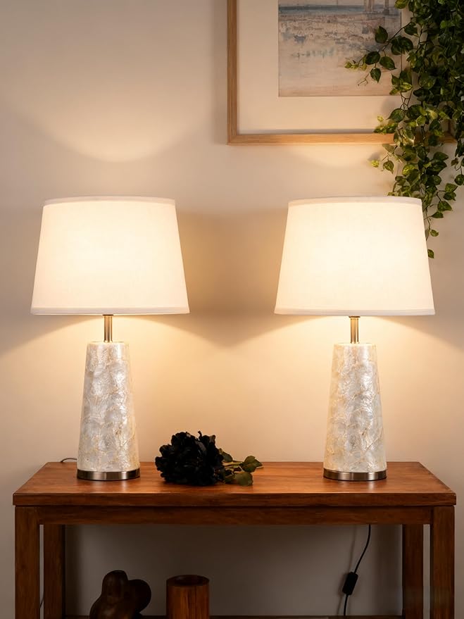 Coastal Table Lamps for Bedroom Nightstand Set of 2, Touch Control Ocean Beach Nautical Seashell Lamp, Modern Sea Shell Bedside Night Stands Light for Beachy Cottage Farmhouse Decor (Silver) - Bloomnest