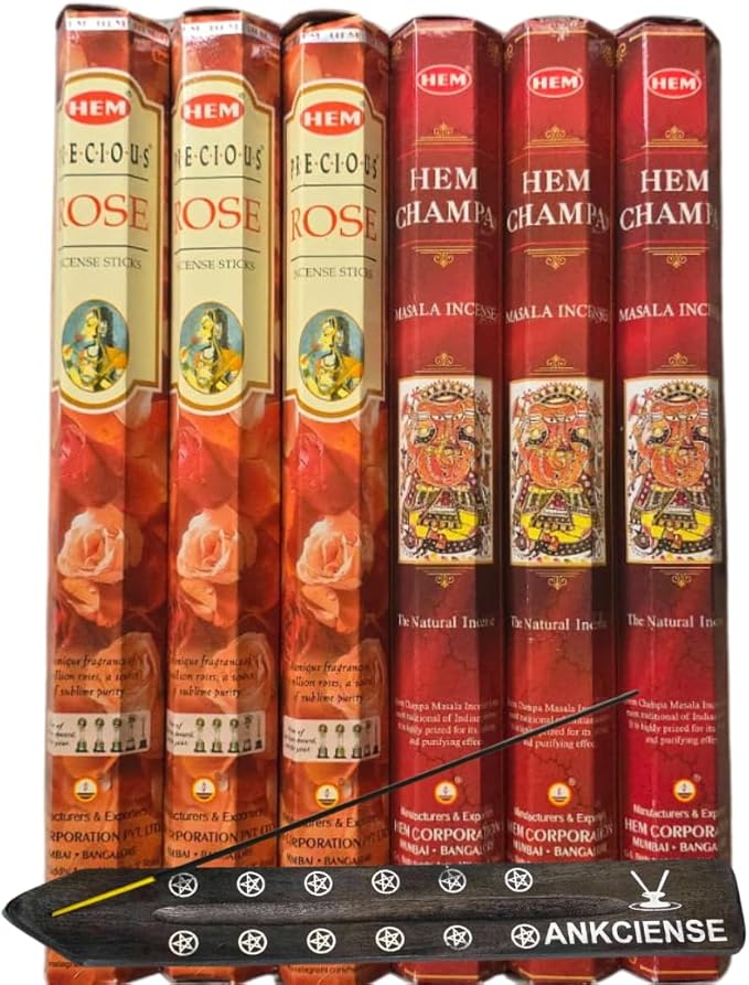 Sandalwood & Vanilla Incense from Hem Bundled with ANKCIENSE Incense Holder Bundle, Variety Pack of 120 Sticks (Precious Rose & Champa) ANKCIENSE