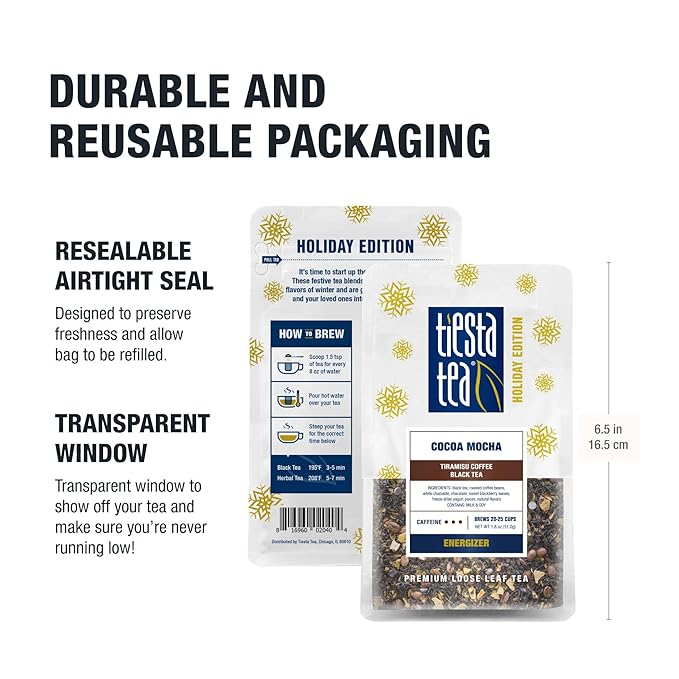 Tiesta Tea Cocoa Mocha, Premium Loose Leaf, Tiramisu Coffee Black Tea, Chocolate and Roasted Coffee, High Caffeinated Blend, Holiday, Hot or Iced Brews, Up to 25 Cups, 1.8 Ounce Resealable Pouch - Bloomnest