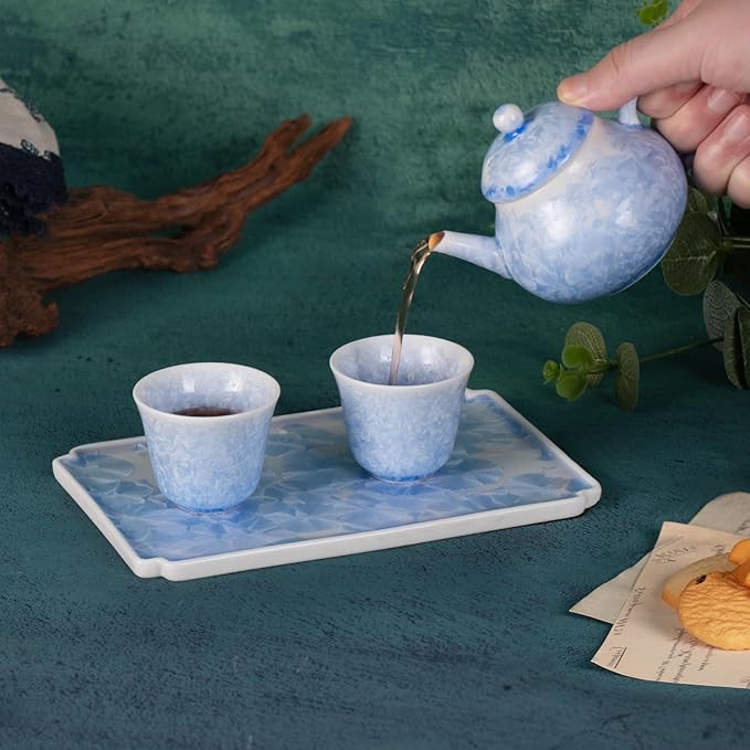 KAMMAK Tea Set Porcelain Tea Pot and Tea Cups Set,Ice Crystal Blue Asian Ceramic Tea Cups and Saucers Set, Chinese Gong Fu Tea Set (2 Cups +1 Pear-shaped Teapot + 1 Square Plate) - Bloomnest