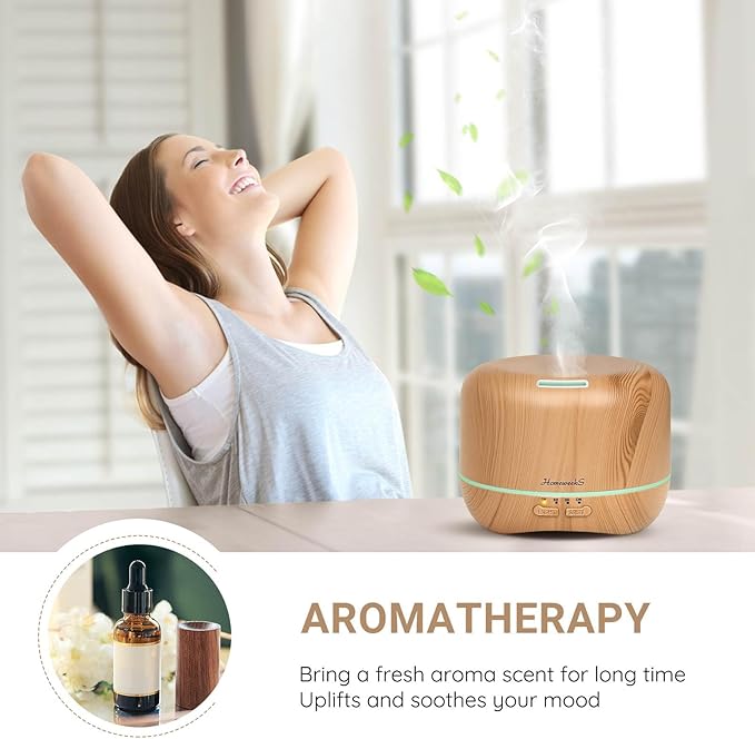Homeweeks 300ml Essential Oil Diffuser, Quiet Aromatherapy Mist Diffusers for Essential Oils, Wood Grain, Ultrasonic, Remote Control, Timer, 7 Colors Light for Bedroom (300ml Yellow Wood Grain) - Bloomnest