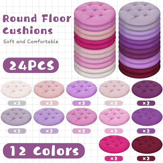 Tinideya 24 Pcs Round Floor Cushions Floor Pillows Meditation Seat Pillows Flexible Seating for Adults Kids, Chair Cushions for Classroom, Nursery, Living Room, Yoga(Medium 15.7 Inch,Pink-Purple) - Bloomnest