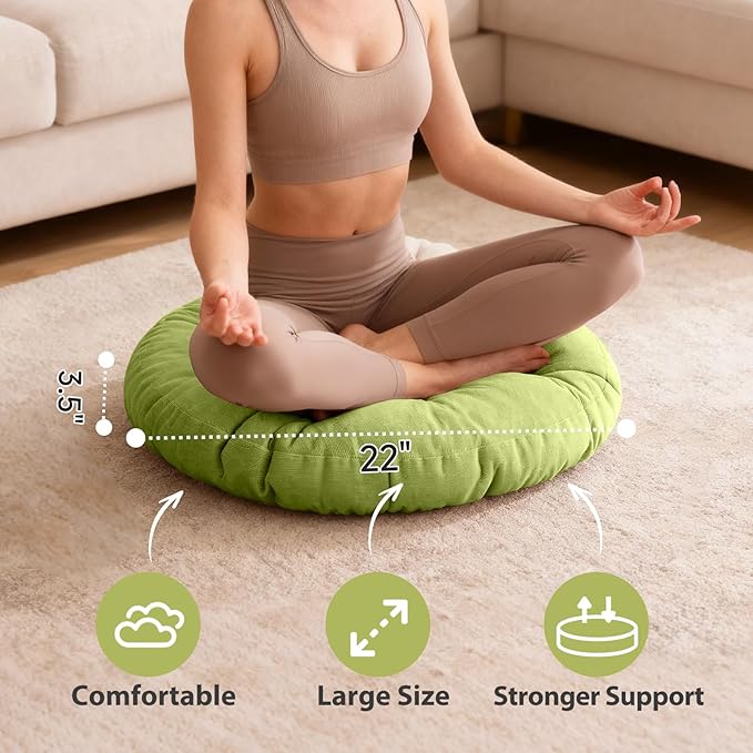 Tiita Round Cushion 22"x22" Floor Seat Pillows Meditation Pillow for Seating on Floor Windows Pad for Yoga Living Room Sofa Balcony Indoor Outdoor, Green