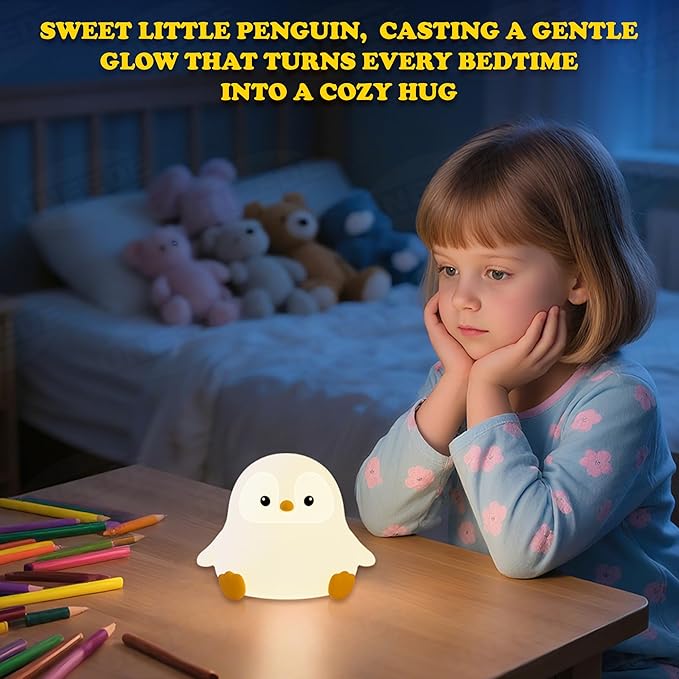 UNEEDE Sitting Penguin Night Light with Removable Floppy Bunny Ears - Silicone Touch Lamp, USB Rechargeable, Dimmable Nursery Light for Kids & Holiday Decor - Bloomnest