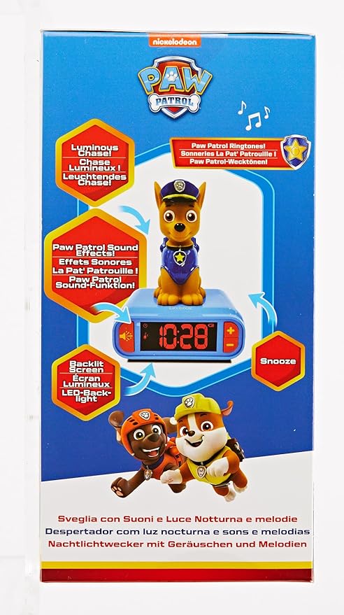 LEXiBOOK - Paw Patrol Chase Digital Alarm Clock with Night Light - Snooze Function - Dog Sound Effects - for Children/Kids - Luminous Clock with Chase, Blue/Red - RL800PA - Bloomnest