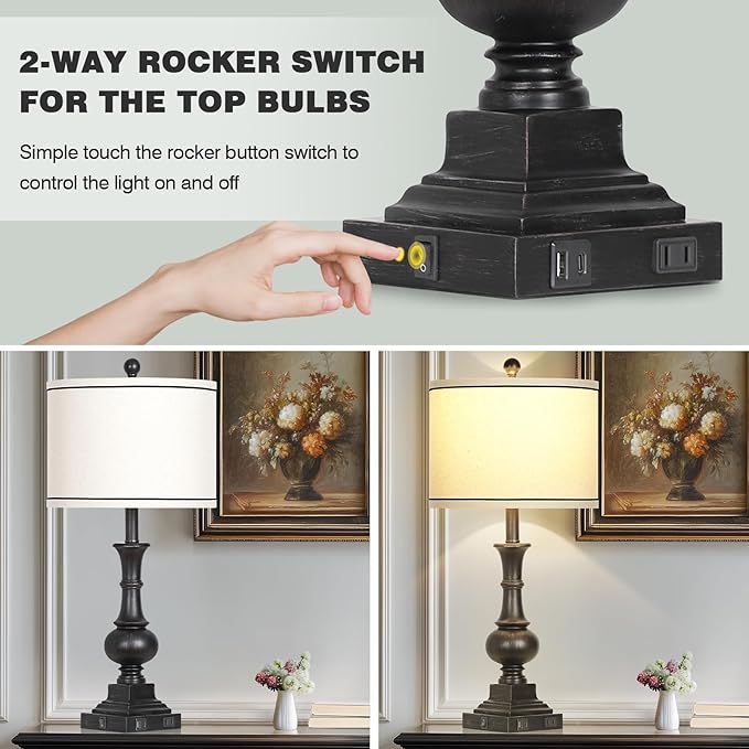 Farmhouse Table Lamps Set of 2, Vintage Bedside Lamps with USB A+C Charging Ports & AC Outlet, 26" Rustic Nightstand Lamp for Living Room Bedroom End Table Wash Black(2 LED Bulbs Included) - Bloomnest