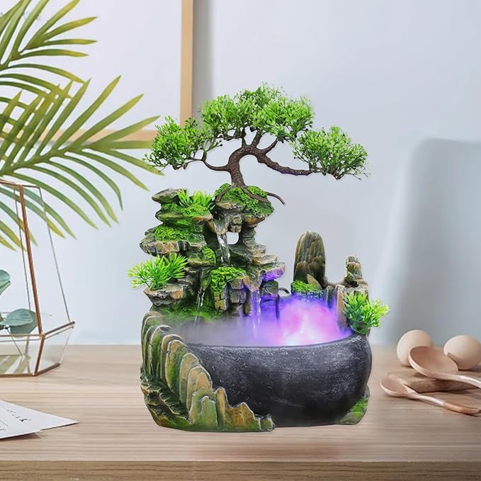 11-Inch Tabletop LED Waterfall Fountain with Atomizer – Quiet Resin Rockery Mist Humidifier for Bedroom, Office, Meditation or Gift Décor - Bloomnest