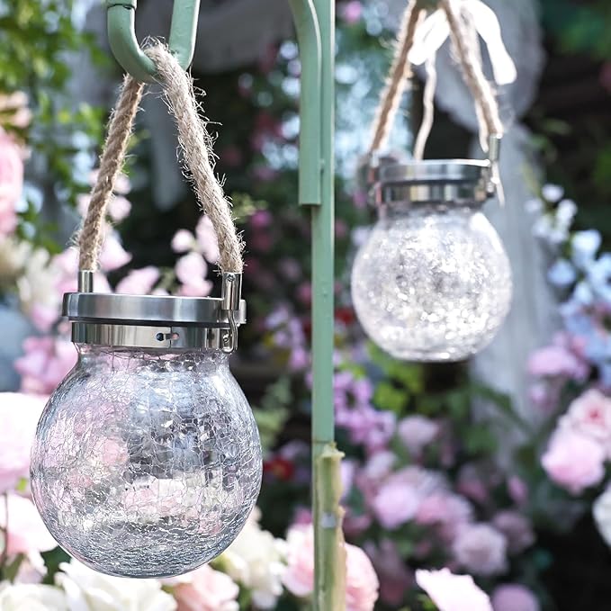 Cooo 4 Pack Heavy Crackle Glass Solar Lantern with 30 LED Firefly Lights– Waterproof Outdoor Hanging Lamp 215% Larger Solar Panel, Stainless Steel Lid Decorative Lighting for Garden Patio Table - Bloomnest