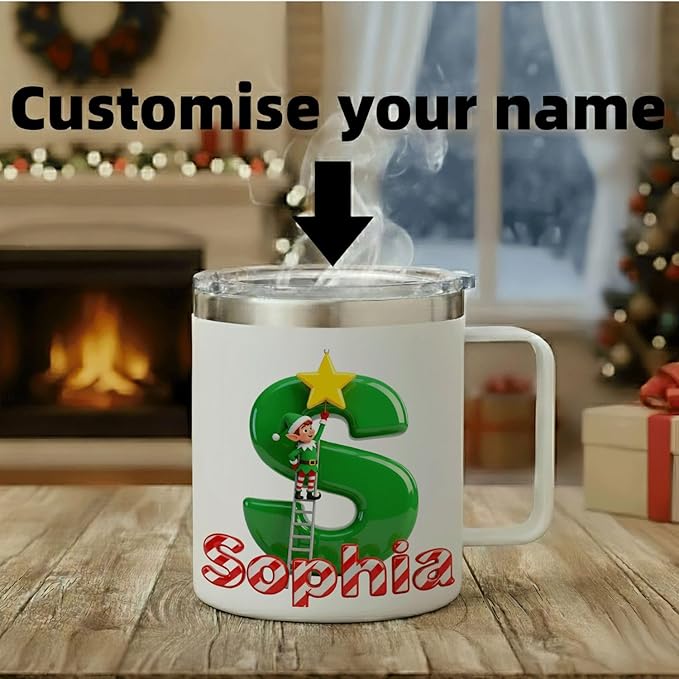 Personalized Christmas Insulated Coffee Mug with Handle – [H] Double Wall Stainless Steel Travel Tumbler for Hot & Cold Drinks – Unique Holiday Gift for Men, Women, & Kids (B124) - Bloomnest